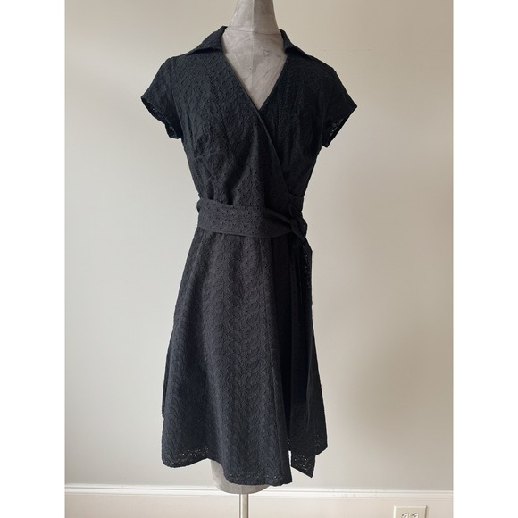 Ann Taylor Dresses & Skirts - Black Eyelet Pattern Faux Wrap Dress Cap Sleeve Ann Taylor Size 6